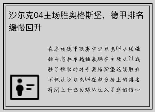 沙尔克04主场胜奥格斯堡，德甲排名缓慢回升