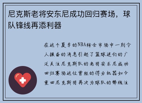 尼克斯老将安东尼成功回归赛场，球队锋线再添利器