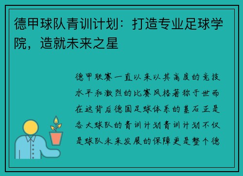 德甲球队青训计划：打造专业足球学院，造就未来之星